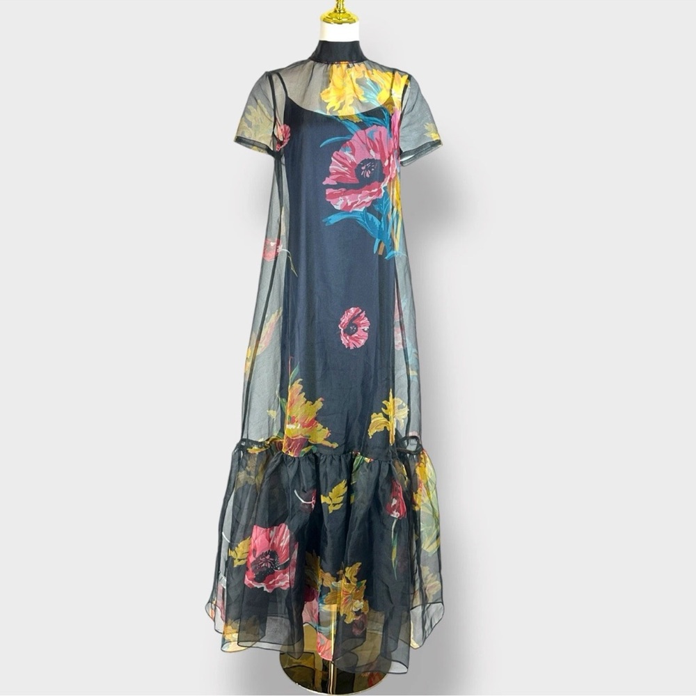 NWT STAUD Calluna Black Floral Organza Necktie Maxi Dress